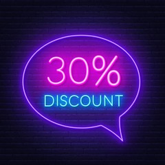 30 percent discount neon sign on brick wall background. Vector illustration