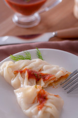 A delicious, diet dish. Steam dumplings.   Manti with pumpkin.