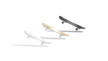 Obraz premium Blank black, white and wood skateboard mockup, no gravity