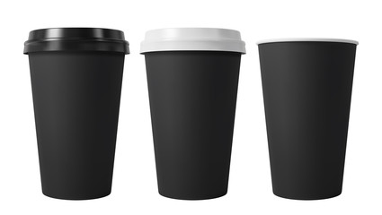 Black paper coffee cups with black and white lids. Open and closed paper cup. Realistic vector mockup.