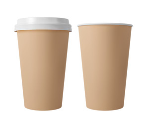 Brown paper coffee cup with lid. Open and closed paper cup. Realistic vector mockup.
