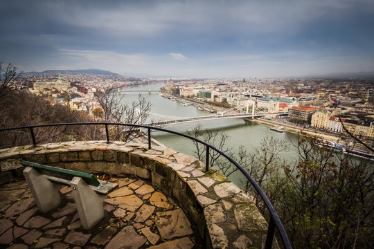 View of the city of Budapest, the castle, and the bridges over Danube from the Citadella hill