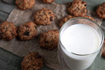 Oatmeal cookies with a glass of milk. Handmade cookies