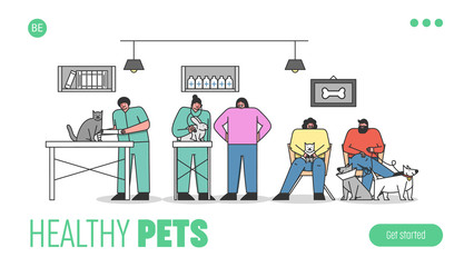 Modern Animal Clinic Concept. Website Landing Page. Veterinarians In Medical Uniform Treat Cats, Dogs, Rabbits In Veterinary Clinic. Web Page Cartoon Linear Outline Flat Style. Vector Illustration