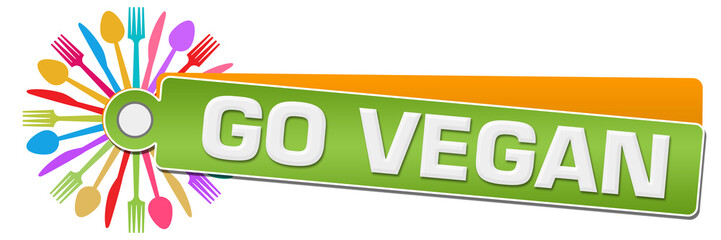 Go Vegan Green Orange Colorful Spoon Fork Knife Circular Label 
