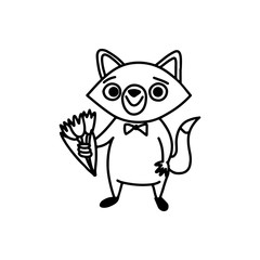Character fox boy with bow tie happy holds bouquet with tulips. Cartoon animals for a birthday, mothers day, Valentine's Day or other holiday decorations. Doodle black and white line art