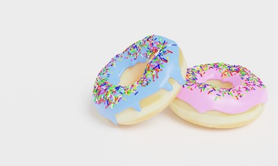 Fototapeta na wymiar Glazed donuts on a white background. Donuts set 3d rendering. Donuts with colorful glaze. Soft color. 3d. isolated on a white background.