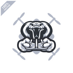 Cobra holding Drone controller. Mascot logo for drone racing team, drone club or store. Design element for company logo, label, apparel or other merchandise. Scalable and editable vector illustration.