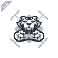 Tiger holding Drone controller. Mascot logo for drone racing team, drone club or store. Design element for company logo, label, apparel or other merchandise. Scalable and editable vector illustration.