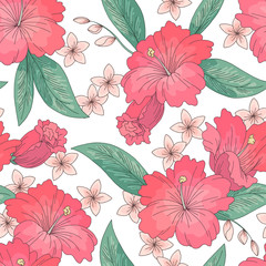 Tropical flower graphic seamless pattern background pink color sketch illustration vector