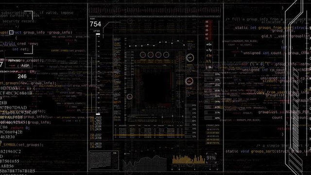 PNG Alpha.Looping HUD technological User Interface. SciFi screens with HUD elements and Digital Infographic.The Camera follow through the seamless animated HUD screens.Alpha channel.