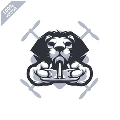 Lion holding Drone controller. Mascot logo for drone racing team, drone club or store. Design element for company logo, label, apparel or other merchandise. Scalable and editable vector illustration.