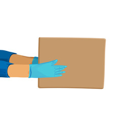 Safe delivery vector cartoon banner for Save Delivery Services and E-Commerce during covid quarantine. Hands in gloves giving a parcel.