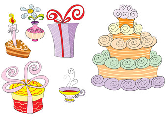 set of cake, coffee, gift and flower, isolated object on a white background, vector illustration,