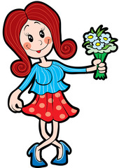 girl crouched in a gallant bastard and holds a bouquet in her hands, isolated object on a white background, vector illustration,