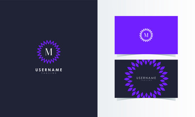 M Flower Logo Mark with business card template design for branding identity