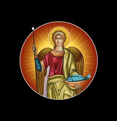 Raphael archangel. God who heals. Round illustration in Byzantine style isolated