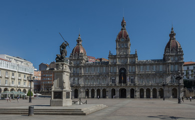 Fototapeta na wymiar Main Square of a Coruna Plaza de Maria Pita blue sky summer day