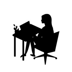 Woman's silhouette working at home sitting in the table. Vector cartoon illustration. Online education.