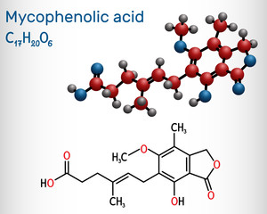 Mycophenolic acid, MPA, mycophenolate, C17H20O6 molecule. It is an immunosuppresant drug and potent anti-proliferative. Structural chemical formula and molecule model
