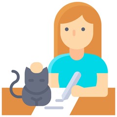 Woman writing on paper with cat, work from home
