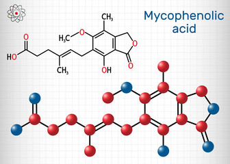 Mycophenolic acid, MPA, mycophenolate, C17H20O6 molecule. It is an immunosuppresant drug and potent anti-proliferative. Sheet of paper in a cage