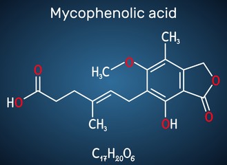 Mycophenolic acid, MPA, mycophenolate, C17H20O6 molecule. It is an immunosuppresant drug and potent anti-proliferative. Structural chemical formula on the dark blue background. Vector illustration - obrazy, fototapety, plakaty