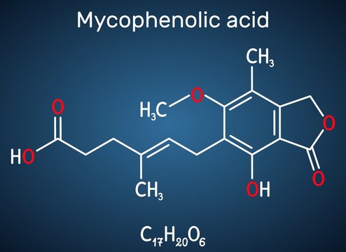 Mycophenolic acid, MPA, mycophenolate, C17H20O6 molecule. It is an immunosuppresant drug and potent anti-proliferative. Structural chemical formula on the dark blue background. Vector illustration