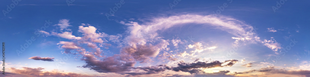 Wall mural seamless hdri panorama 360 degrees angle view blue pink evening sky with beautiful clouds before sun