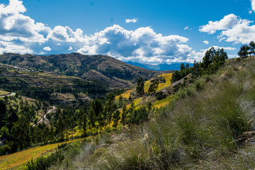 Mountains valley with wheat and straw cultivation in the Peruvian highlands