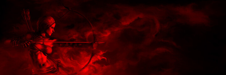 Survivor archer woman banner/ Horror fantasy banner with bow shooting woman in a dark red mist - obrazy, fototapety, plakaty