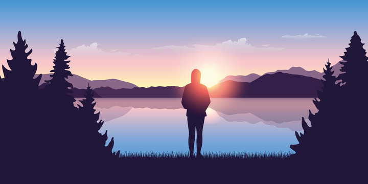 girl by the lake at sunrise nature landscape vector illustration EPS10