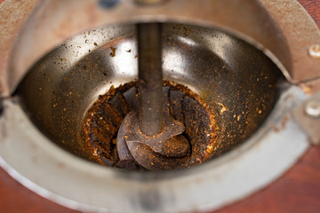 gears of the coffee grinder are covered with coffee powder.