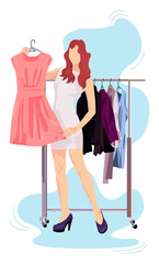 Girl With Clothes Holds A Hanger With A Dress vector illustration from shopping collection. Flat cartoon illustration isolated on white