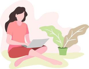 Woman Working at home, coworking space, concept illustration.
Young people, freelancers working on laptops and computers at home.
Vector flat style illustration