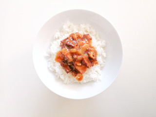 Asian style caramel pork with rice and vegetable