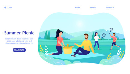 Young attractive family with children on a picnic outdoors. People Relaxing Together in Park, Family love, sensual, grace. Great for landing page, banner, web design, mobile version of the site Vector