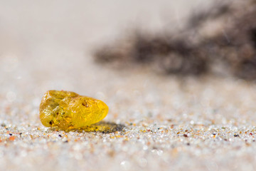 Beautiful piece of amber on the sandy beach, close up
