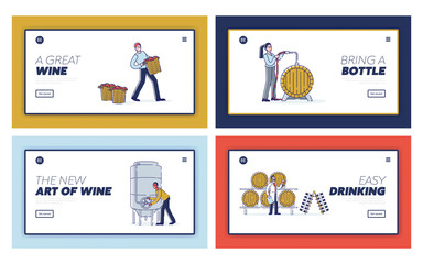Concept Of Wine Production. Website Landing Page. People Harvesting, Fermenting Must, Filling, Control Quality And Storage Wine. Web Page Cartoon Linear Outline Flat Style Vector Illustrations Set