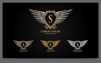 Luxury alphabets logo with golden badges wings design template. Signs, symbol illustration