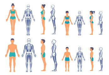 People anatomy. The human body and a skeleton with a silhouette of a body. A male, female person standing. Front view, side view in full length. Adult and kid x-ray image.