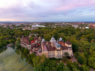 Obraz premium Amazing aerial view about the Vajdahunyad castle in the city park of Budapest Hungary. This gothic stlye historical builing it has next to Szechenyi thremal bath. Famous popular tourist attraction