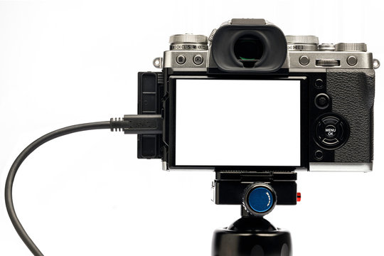 The back of the camera with cables isolated on white background for blogger live streaming with clipping path.
