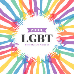 Rainbow colorful hands around circle and Pride LGBT Love has no gender text vector design