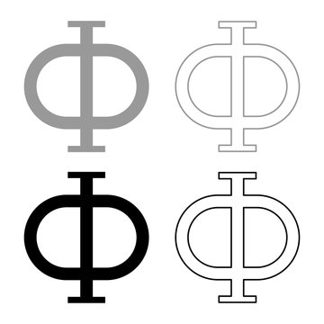 Phi greek symbol capital letter uppercase font icon outline set black grey color vector illustration flat style image