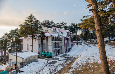Fototapeta na wymiar Nathatop and Patnitop cities of Jammu and its park covered with white snow, Winter landscape 