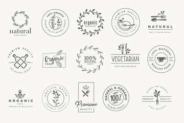 Set of stickers and labels for food and drink. Vector illustrations for graphic and web design, marketing material, restaurant menu, natural products presentation, packaging design.
