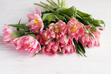 Beautiful bouquet delicate pink tulips on a white background. Holiday concept.