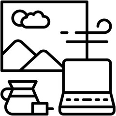 Window view with laptop and coffee icon