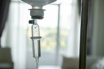 iv fluid saline drip hospital room in medical Concept - 347833192